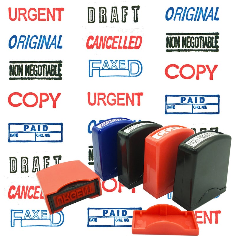 Reliancer Set of 8 Self Inking Pre-Inked Office Stamp 8 Message Account Stamp Office Stationary Stamper Business Paper Work Text Stamps w/Tray RedBlueBlack Ink - Image 3